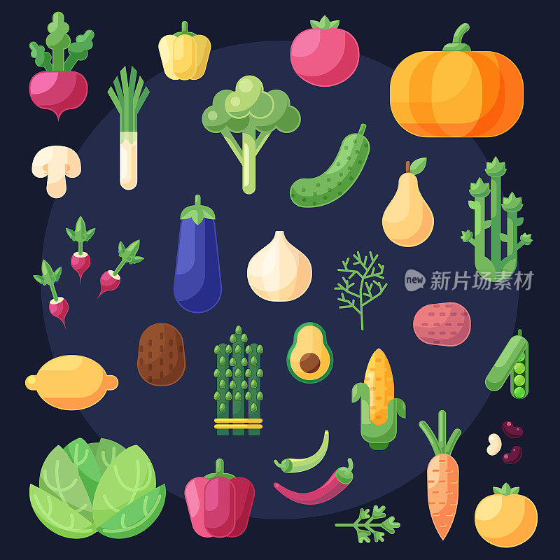 Set of flat colorful design icons and elements with Vegetables and fruits